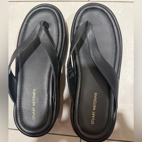 NEW Stuart Weitzman Contempo Thong Platform Flat Black Leather Sandal Sz 7 B - Picture 7 of 9